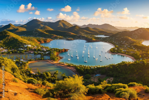 A breathtaking aerial view captures a tranquil bay nestled among towering mountains, creating a stunning natural landscape