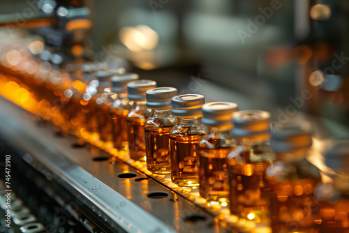 Rows of small glass vaccine vials moving along a stainless steel conveyor belt, being automatically filled and capped by a sterile robotic arm in a high-tech pharmaceutical production facility