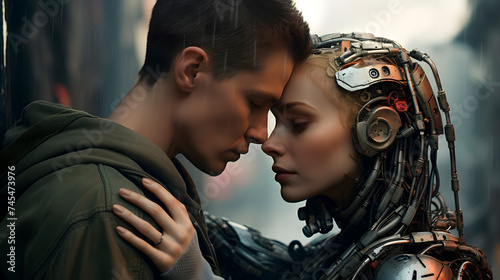 a human and a robot in love, human and robot in a romantic relationship, impossible love concept