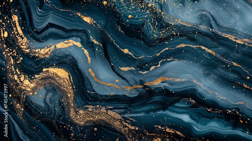 Abstract ocean- ART. Natural Luxury. Style incorporates the swirls of marble or the ripples of agate. Very beautiful blue paint with the addition of gold powder - generative ai photo