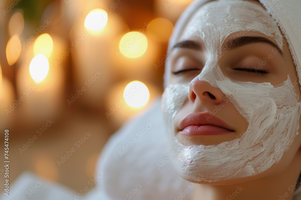 Woman relaxing with facial mask treatment in spa setting Woman relaxing with facial mask treatment in spa setting