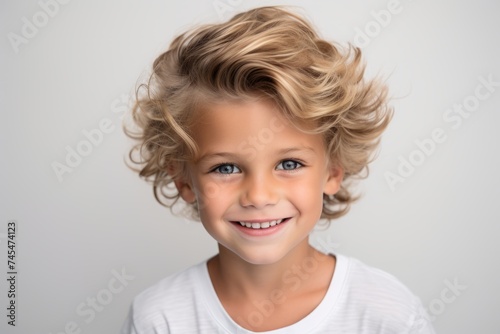Portrait of a cute little boy with blond curly hair on grey background
