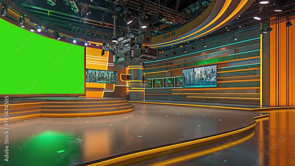 News broadcasting studio with green screen at the back