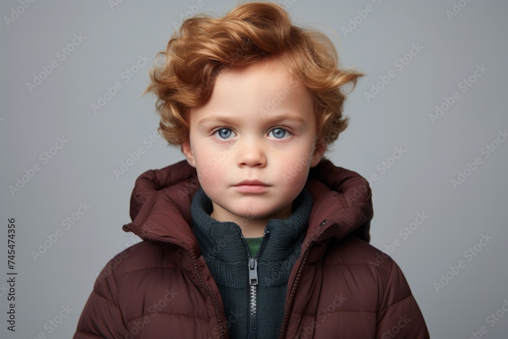 Portrait of a cute little redhead boy in a warm brown jacket. Studio shot. Portrait of a cute little redhead boy in a warm brown jacket. Studio shot.