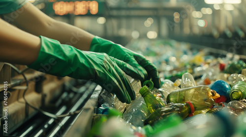 Employee Sorting Plastic in Green Gloves