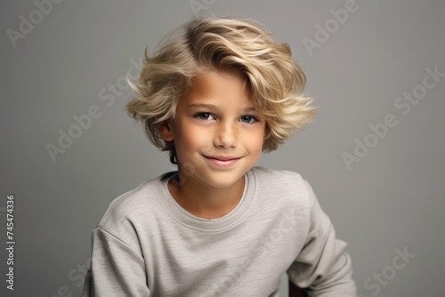 Portrait of a cute little boy with blond curly hair. Studio shot.