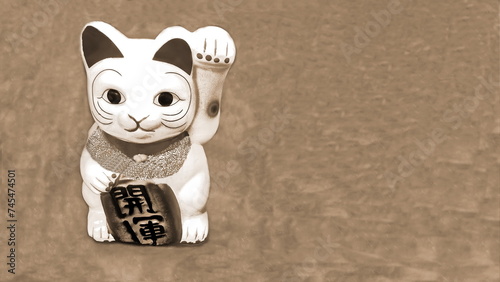 lucky cat japanese doll ingot mean symbol of luck charm, with white brown figurine known as maneki neko, isolated retro background.
