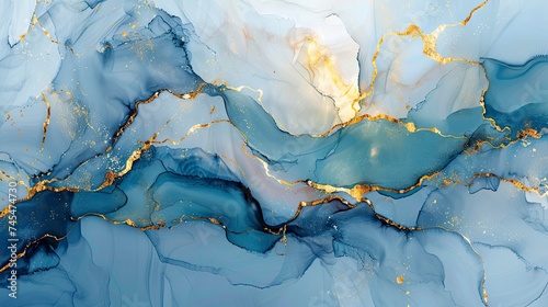 Abstract ocean- ART. Natural Luxury. Style incorporates the swirls of marble or the ripples of agate. Very beautiful blue paint with the addition of gold powder - generative ai © Nia™
