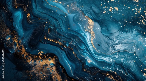 Abstract ocean- ART. Natural Luxury. Style incorporates the swirls of marble or the ripples of agate. Very beautiful blue paint with the addition of gold powder - generative ai