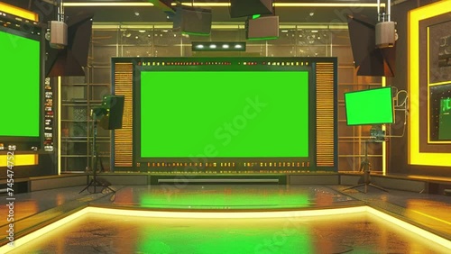 TV news broadcast studio room with green screen at the back photo