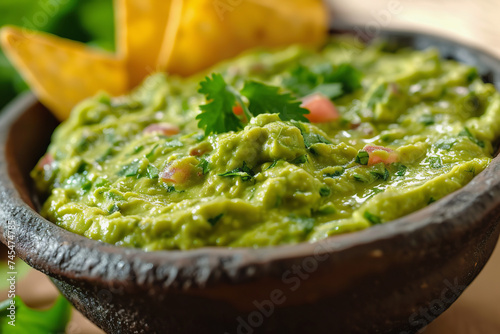 Fresh guacamole dip with tortilla chips on the side photo