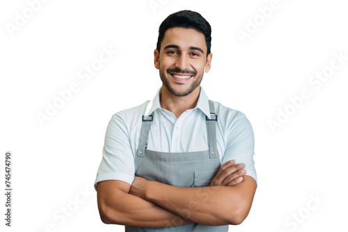 Smiling young man supermarket worker in grocery store, isolated on transparent background