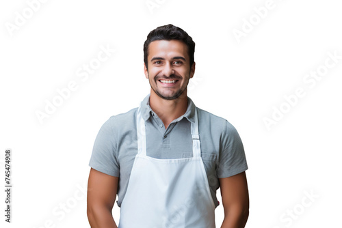 Smiling young man supermarket worker in grocery store, isolated on transparent background