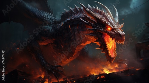 A dark dragon breathes fire in a desolate landscape