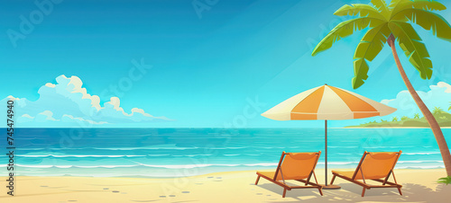 Sea beach vacation banner with palm tree, sun loungers with umbrella
