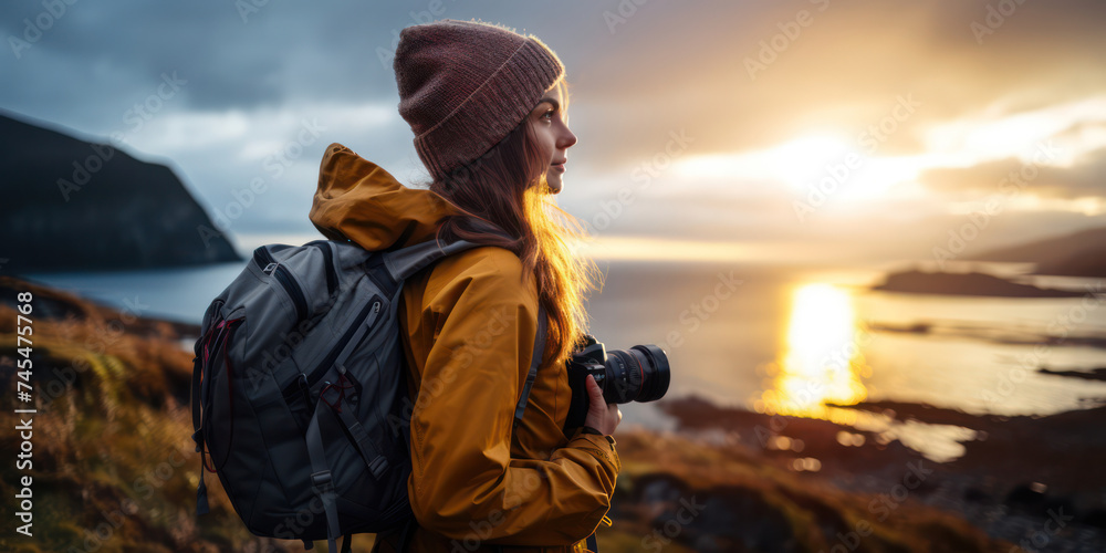 Solitary Traveler: A Stunning View of a Young Woman Hiker Enjoying the Freedom and Adventure of a Summer Mountain Trek