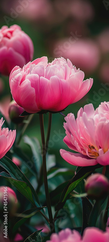 Peonies on soft  dreamy background copy space. Spring summer banner