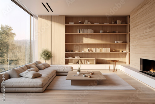 Modern Scandinavian Living: Comfortable White Sofa in Contemporary Loft with Wood Furniture and Light-filled View