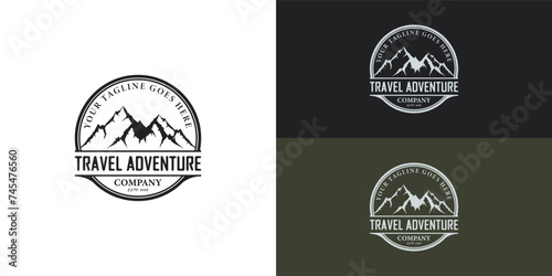 Vector Mountains travel adventure emblem in black color presented with multiple background colors. The logo is suitable for Outdoor activity business logo design inspiration templates.