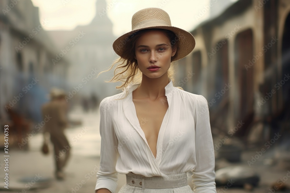 Confident Model walking French. Elegant woman walking in luxury house park. Generate ai