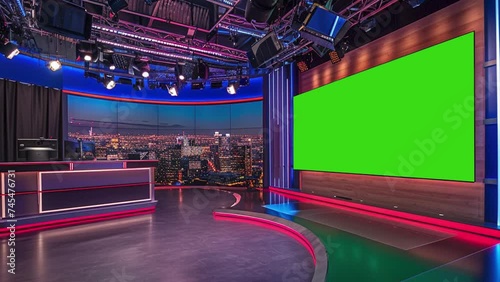 TV presenter broadcast room with green screen at the back photo