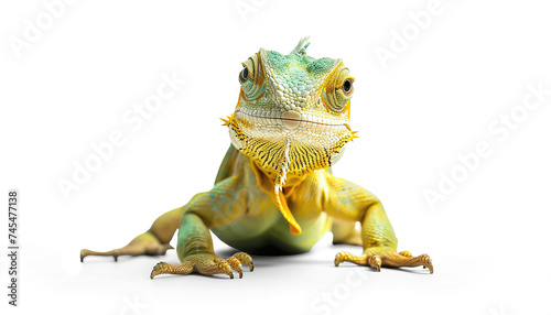 Green and yellow cute iguana lizard PNG cutout isolated on transparent background, graphic resource