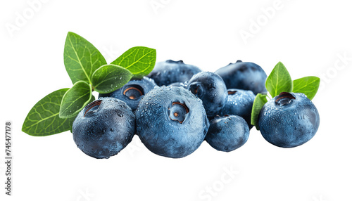 Fresh blueberries with green leaves PNG cutout isolated on transparent background, graphic resource