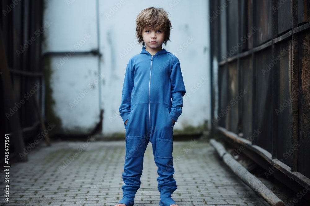 Reinforced Modern child underground bunker. Blue jumpsuit. Generate Ai Reinforced Modern child underground bunker. Blue jumpsuit. Generate Ai