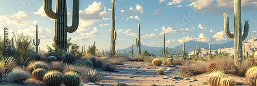 Saguaruo desert with a variety of cacti (green cactus plants) in the arid heat photo