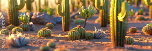 Saguaruo desert with a variety of cacti (green cactus plants) in the arid heat photo