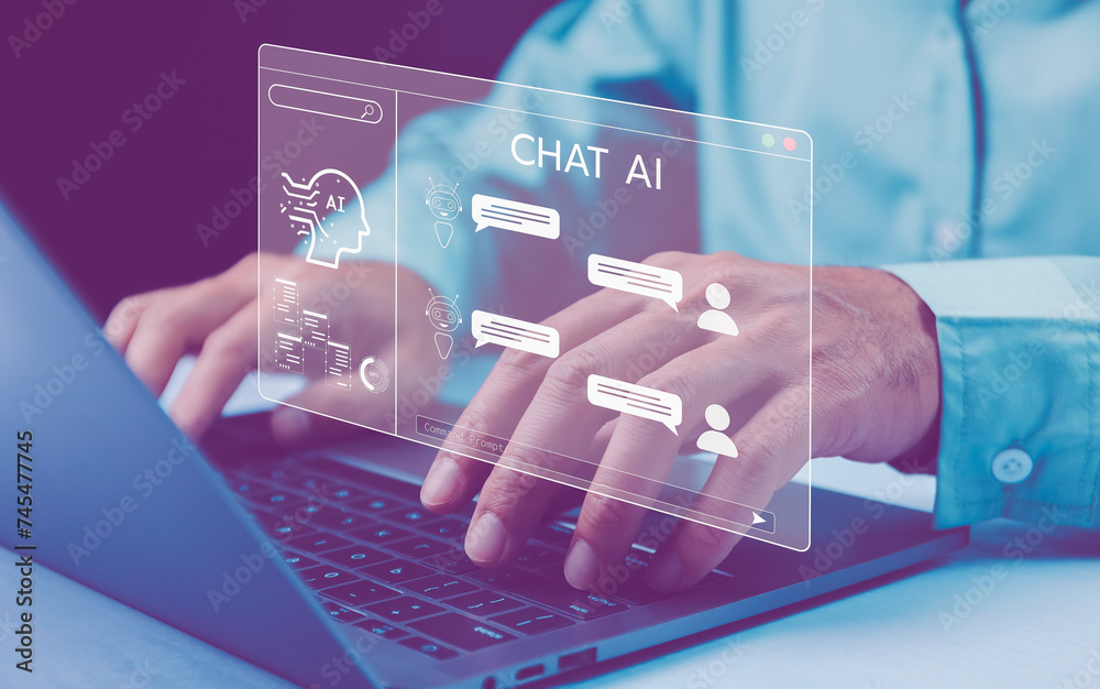 Person engaging with advanced Chat AI technology on laptop, showcasing conversational interfaces and machine learning. Concept of artificial intelligence in communication.