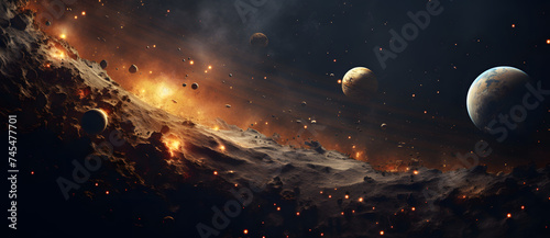 Acosmicscenewithplanets,asteroiddebris,andafieryexplosion.