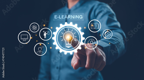 Illuminated e-learning concept with icons, man interacting with digital interface, lightbulb in gear symbolizing innovation in education. E-learning education, internet lessons and online webinar.