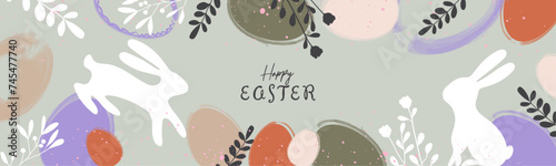 Happy Easter  greeting card. Modern design with typography  easter rabbit  eggs  roses  leaves  floral bouquets  spring flowers. Easter concept for poster  web banner  holiday cover or invitation.