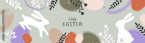 Happy Easter  greeting card. Modern design with typography, easter rabbit, eggs, roses, leaves, floral bouquets, spring flowers. Easter concept for poster, web banner, holiday cover or invitation.