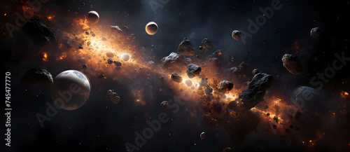 Acosmicscenewithplanets,asteroiddebris,andafieryexplosion.