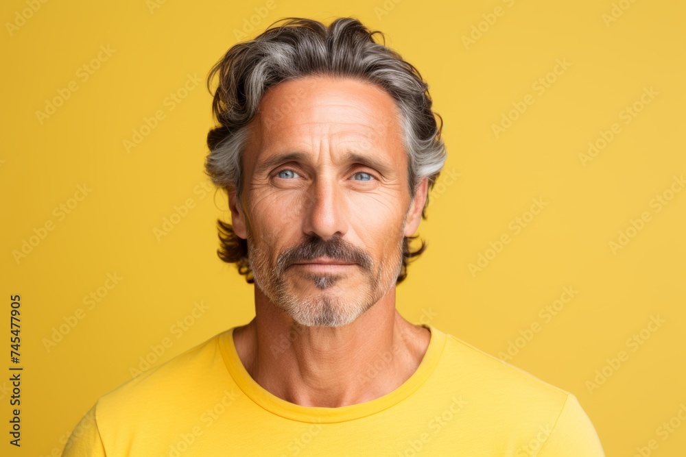 Handsome mature man in yellow t-shirt on yellow background Handsome mature man in yellow t-shirt on yellow background