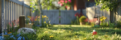 Modern backyard - lawn with hedges and fence in the back garden area of a residential property