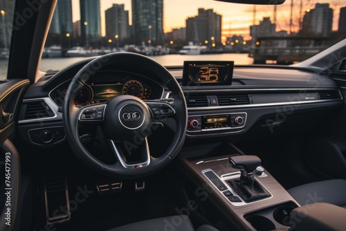 Luxurious black leather car interior with modern features, including a sleek steering wheel, advanced dashboard, and high-tech infotainment system, all set against a breathtaking cityscape view © katrin888
