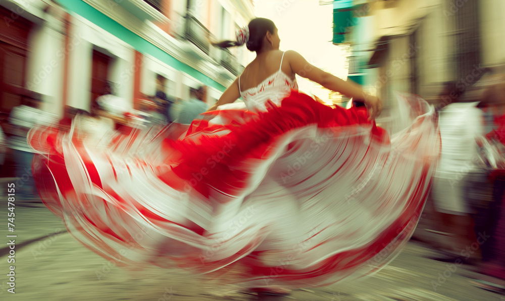 Fototapeta premium Fiestas de la calle san Sebastián, latina with white and red folklore dress dancing, puerto rico