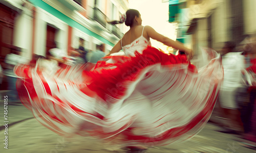 Fiestas de la calle san Sebastián, latina with white and red folklore dress dancing, puerto rico