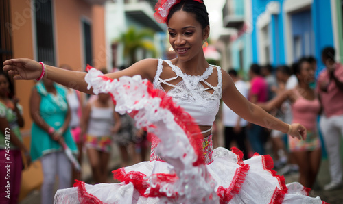 Fiestas de la calle san Sebastián, latina with white and red folklore dress dancing, puerto rico photo