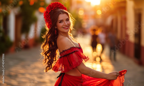 Fiestas de la calle san Sebastián, latina with white and red folklore dress dancing, puerto rico