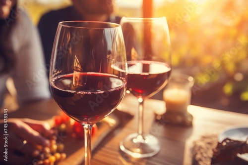 Romantic Sunset View with Two Glasses of Red Wine on a Rustic Wooden Table, Perfect Setting for a Romantic Evening Date, Enjoying the Serene Atmosphere and Beautiful Scenery Together.
