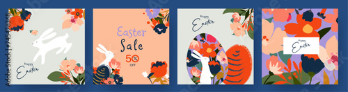 Set of Happy Easter  greeting cards. Trendy design with typography, easter rabbit, eggs, roses, colorful floral bouquets, spring flowers. Easter concept for poster, web banner, holiday cover or sales.