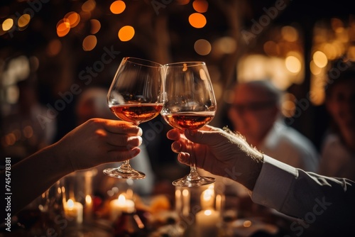 Romantic couple savoring a cozy restaurant evening, toasting red wine under candlelight glow on a beautifully set table, creating a magical, intimate moment filled with love.