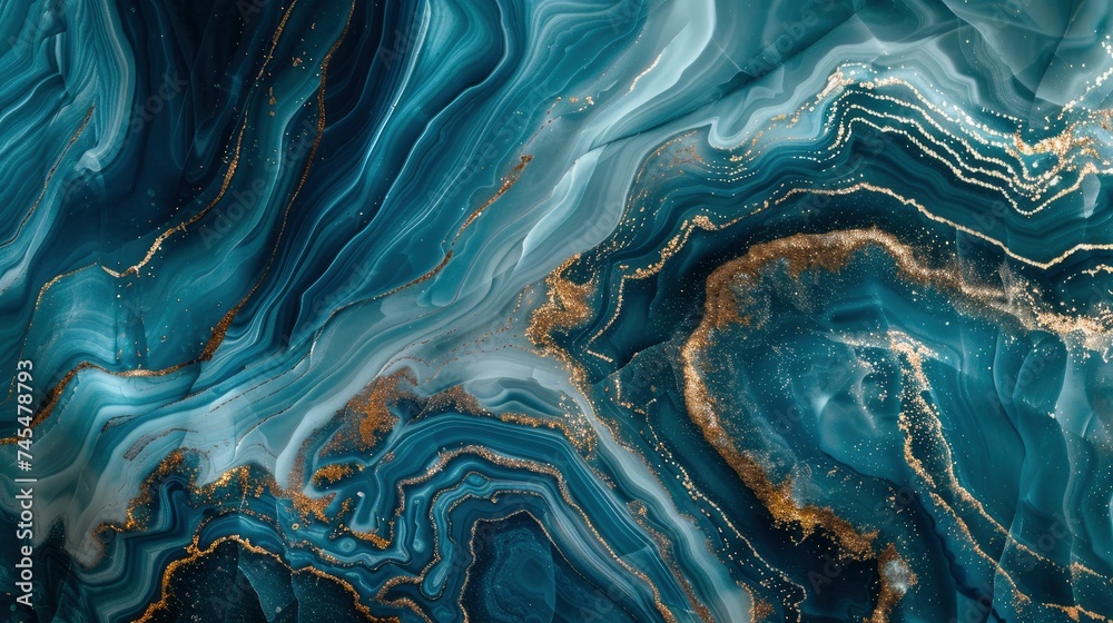Abstract ocean- ART. Natural Luxury. Style incorporates the swirls of marble or the ripples of agate. Very beautiful blue paint with the addition of gold powder - generative ai - obrazy, fototapety, plakaty 