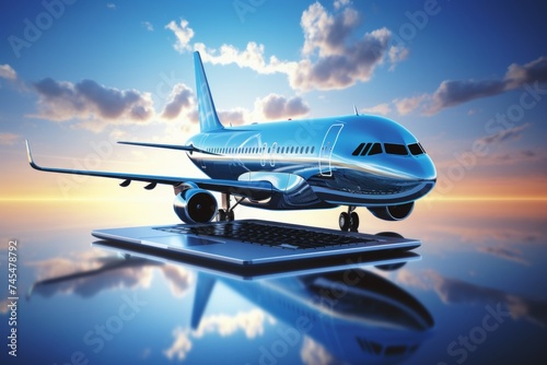 Reflection of a Modern Laptop with an Airplane Sticker on a Blue Reflective Surface with a Gorgeous Sunset Sky in the Background, Perfect for Travel or Technology Concept Design © katrin888