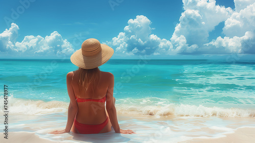 Beach vacation summer Caribbean travel woman sunbathing relaxing ,holiday banner panoramic with copy space, female relaxing on a tropical beach on a sunny day © Fokke Baarssen
