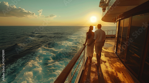 couple on a wooden deck of a cruise ship, a Luxury cruise vacation, travel elegant tourist man and woman on the balcony deck of a luxury boat yacht, a Summer vacation cruise ship, copy space